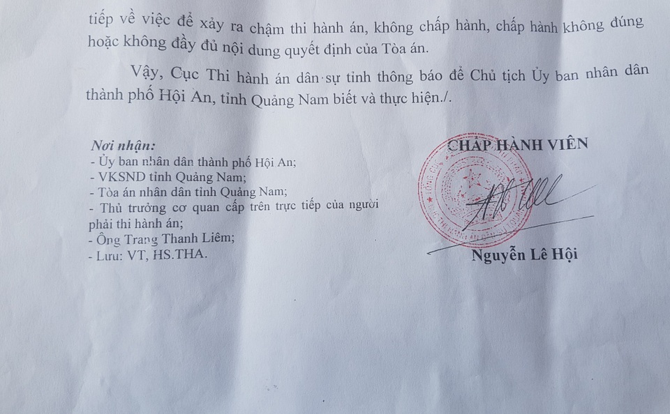 Yêu cầu thi hành án vụ Chủ tịch TP Hội An thua kiện! - 3 Văn bản của Cục thi hành án dân sự tỉnh Quảng Nam