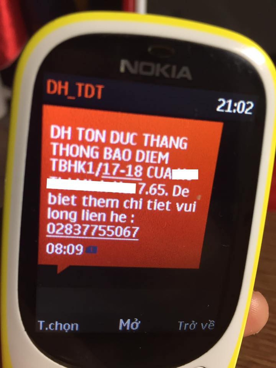 Tranh cãi chuyện trường đại học gửi tin nhắn báo điểm cho phụ huynh - 1
Tin nhắn báo điểm của trường ĐH Tôn Đức Thắng gửi về cho phụ huynh (ảnh internet)