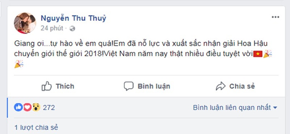 Sao Việt chúc mừng chiến thắng của Hương Giang tại Hoa hậu chuyển giới Quốc tế - 11 Ca sĩ Thu Thủy đã thể hiện sự tự hào về chiến thắng của Hương Giang, cô viết: Giang ơi... tự hào về em quá!Em đã nỗ lực và xuất sắc nhận giải Hoa Hậu chuyển giới thế giới 2018!Việt Nam năm nay thật nhiều điều tuyệt vời.