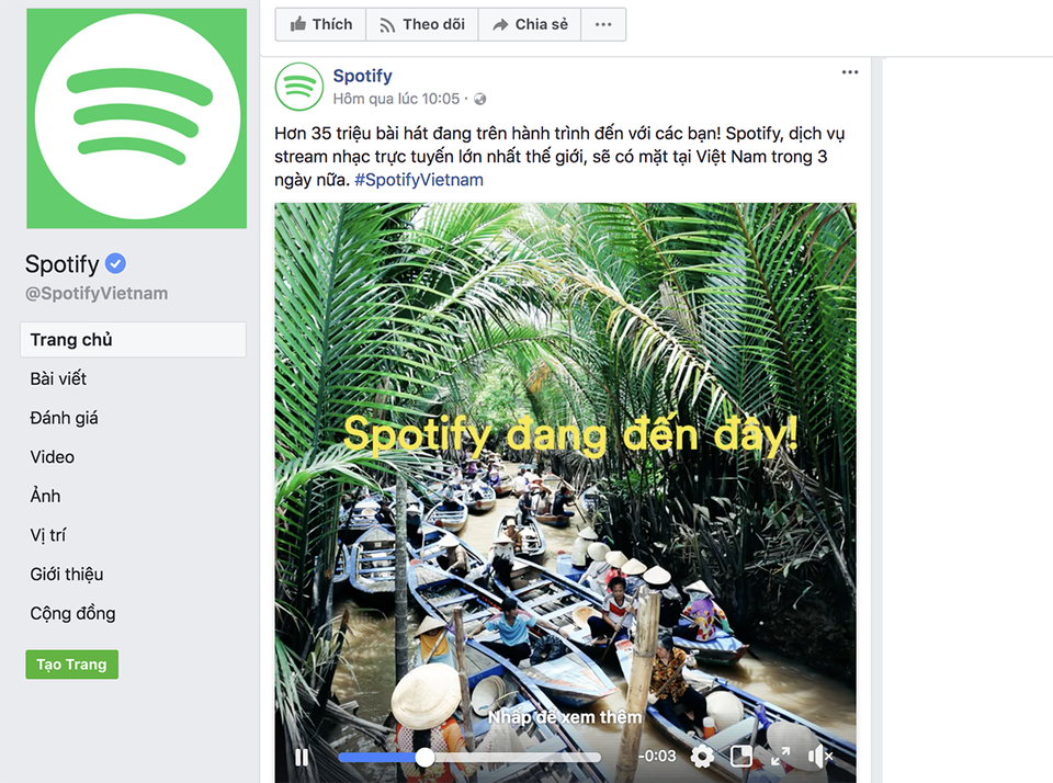 Gã khổng lồ âm nhạc trực tuyến Spotify chính thức về Việt Nam? - 1 Fanpage chính thức của Spotify tại Việt Nam đăng dòng trạng thái