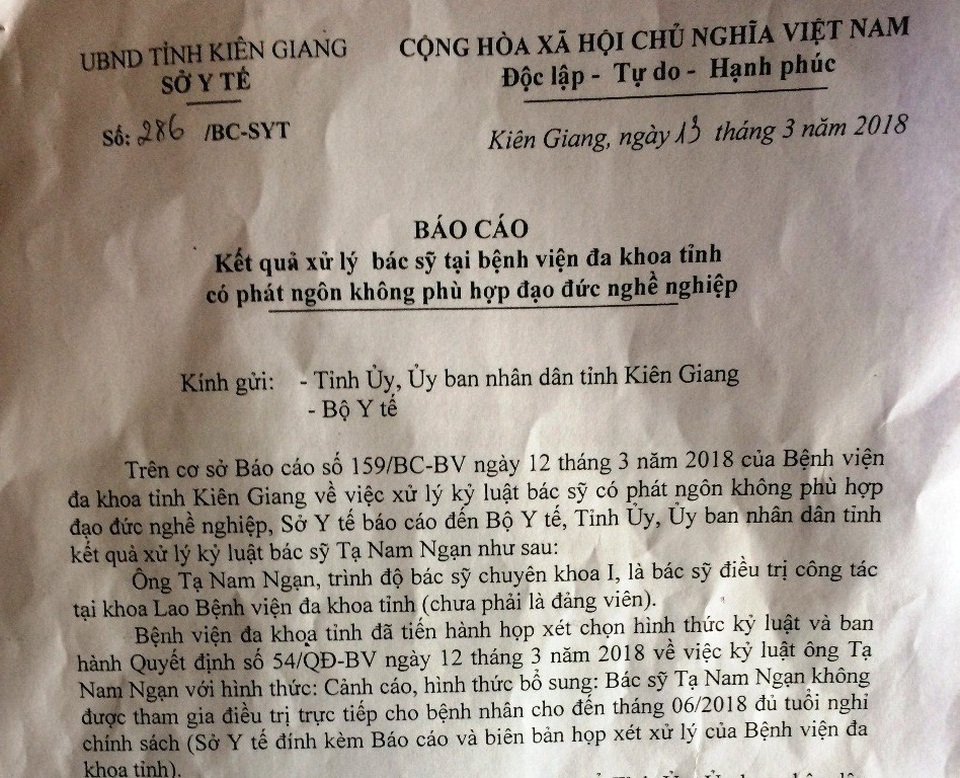 Bác sỹ “đuổi” bệnh nhân bị chuyển xuống làm hành chính, kỷ luật cảnh cáo - 1 Công văn báo cáo của Sở y tế Kiên Giang về việc bác sĩ Tạ Nam Ngạn đuổi bệnh nhân vào ngày 4/3