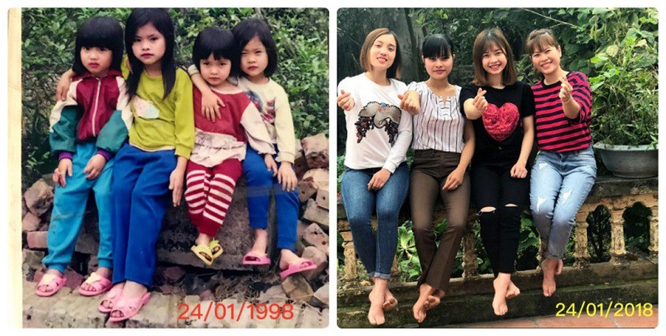 Trào lưu khoe ảnh “ai rồi cũng lớn chỉ tình cảm không đổi thay” gây sốt - 1 4 chị em họ từ trái qua phải Nguyễn Thị Thơm (sinh năm 1994), Trần Thị Đào (sinh năm 1991), Đỗ Thị Hiền (sinh năm 1994) và Đỗ Thị Oanh (sinh năm 1992) (ảnh: NVCC)