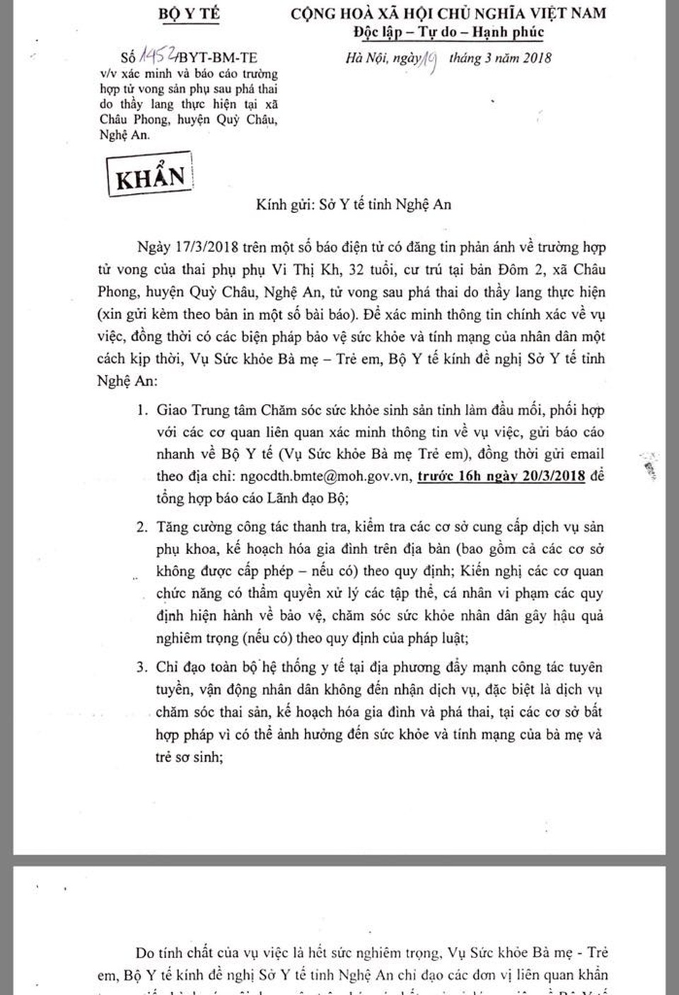 Thai phụ 4 tháng tử vong vì phá thai bằng que nứa, Bộ Y tế vào cuộc - 1 Thai phụ 4 tháng tử vong vì phá thai bằng que nứa, Bộ Y tế vào cuộc - 1