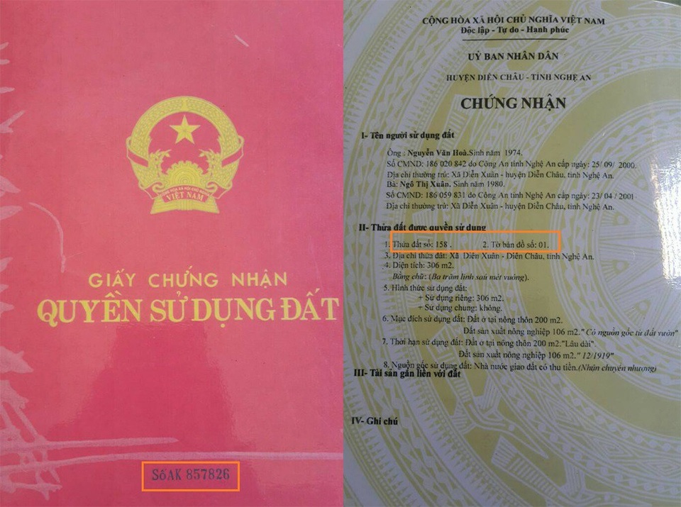 Giăng bẫy lãi suất cao, thiếu phụ xinh đẹp chiếm đoạt tiền tỉ - 4 Giấy CNQSD đất được bà Xuân thế chấp cho chị Nhiên có số hiệu 857826, thửa 158, tờ bản đồ số 1, diện tích 306m2, trong khi đó những số liệu này lại thuộc 2 bìa đất khác nhau.
