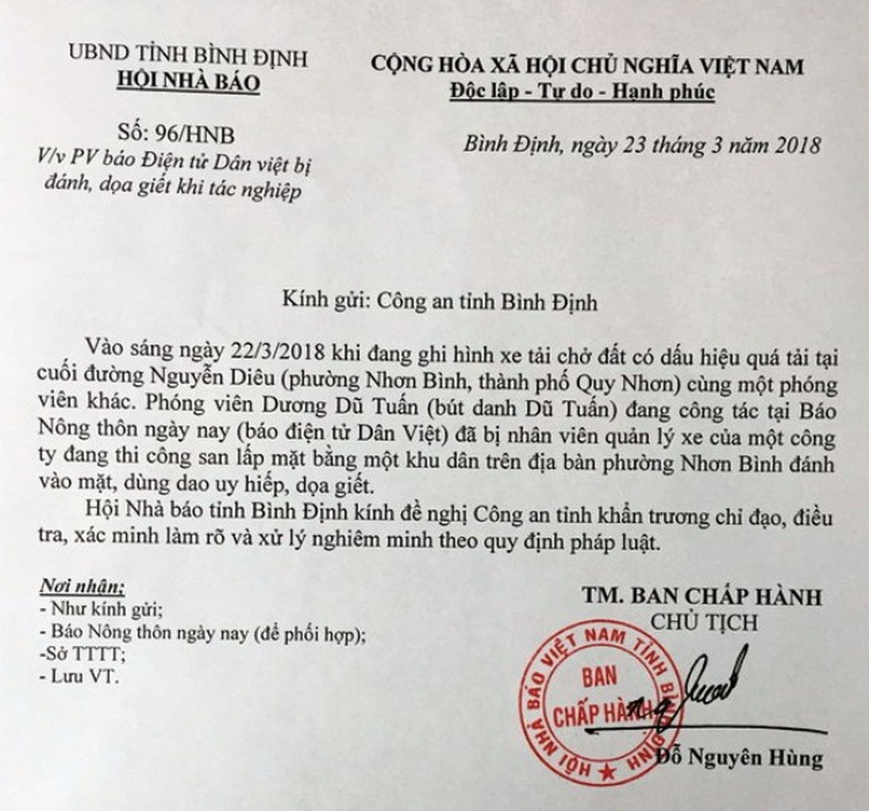 Hội Nhà báo tỉnh Bình Định đề nghị xử nghiêm vụ phóng viên bị dọa chém - 2 Hội Nhà báo tỉnh Bình Định lên tiếng.
