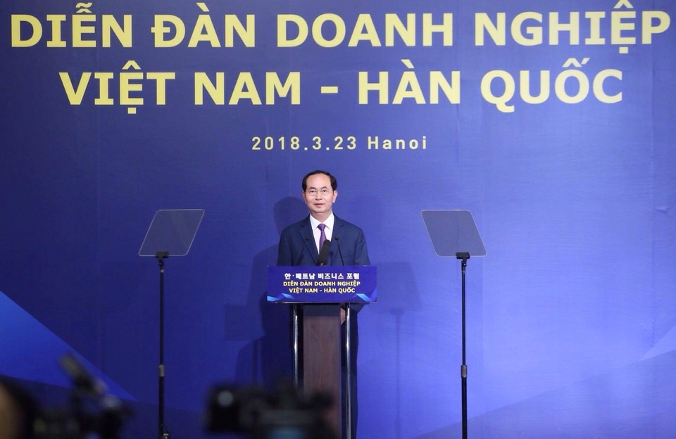 Tổng thống Hàn Quốc hâm mộ về nhiệt huyết, thành quả đạt được của Việt Nam - 2 Chủ tịch nước Trần Đại Quang tại Diễn đàn Doanh nghiệp chiều 23/3 (ảnh: Hữu Nghị)