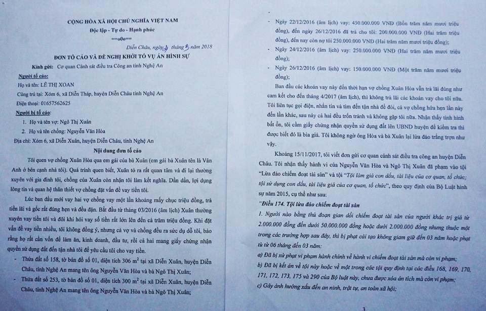 Giăng bẫy lãi suất cao, thiếu phụ xinh đẹp chiếm đoạt tiền tỉ - 3 Bà Xoan có đơn tố cáo và đề nghị khởi tố vụ án hình sự đối với việc vay tiền nhưng không trả của vợ chồng bà Xuân