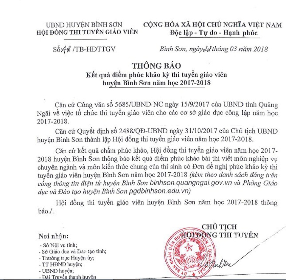Quảng Ngãi: Điểm phúc khảo thi tuyển giáo viên biến động, nhiều thí sinh từ đậu thành rớt - 1 Dư luận hoài nghi khi có quá nhiều thí sinh thi tuyển giáo viên tăng điểm sau phúc khảo