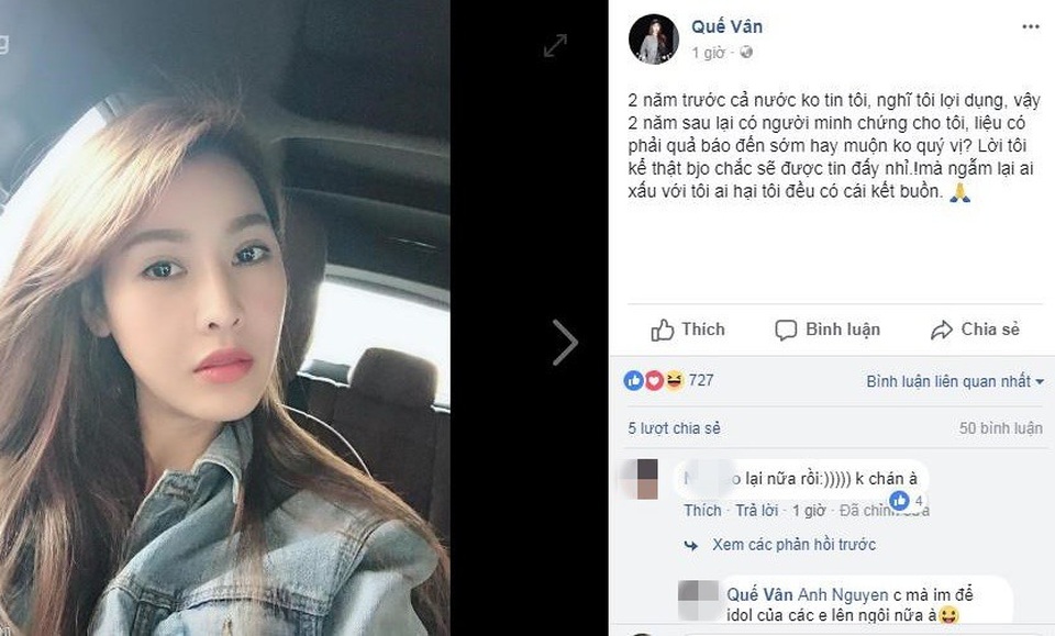 Khám phá căn hộ đắt đỏ của Quế Vân - mỹ nhân tố Trường Giang “bắt cá hai tay” - 7 Sau những chia sẻ của Quế Vân, mối quan hệ của Nhã Phương và Trường Giang vẫn bình ổn, họ tay trong tay dập bỏ tin đồn rạn nứt tình cảm. Tưởng rằng câu chuyện đã chìm lắng thì mới đây khi câu chuyện ồn ào giữa Nam Em - Trường Giang được khui ra, Quế Vân một lần nữa chia sẻ lại một cách tường tận câu chuyện với Trường Giang. Quế Vân còn ám chỉ ngày hôm nay Trường Giang đã gặp phải quả báo, những người từng gây tổn thương cho cô sẽ có kết thúc buồn. Cô cho rằng: “2 năm trước cả nước không tin tôi, nghĩ tôi lợi dụng, vậy 2 năm sau lại có người minh chứng cho tôi”.