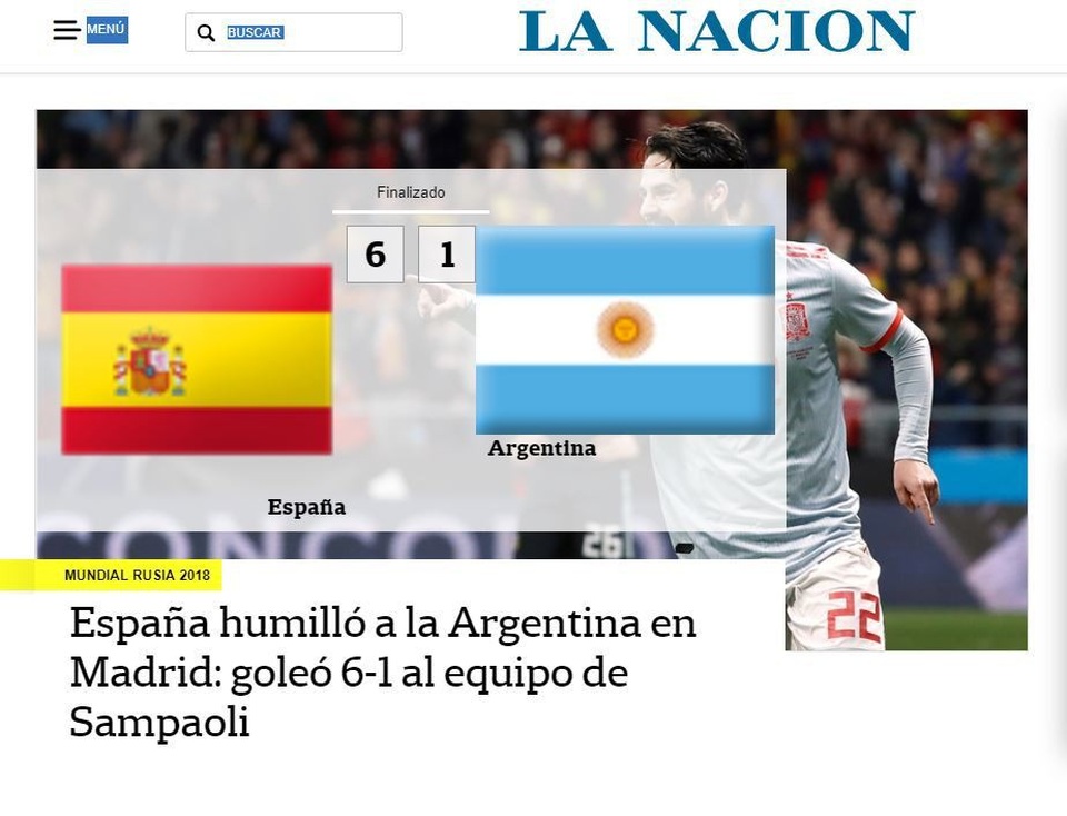 Tờ La Nacion cho rằng Argentina đã bị làm nhục ở đất Tây Ban Nha