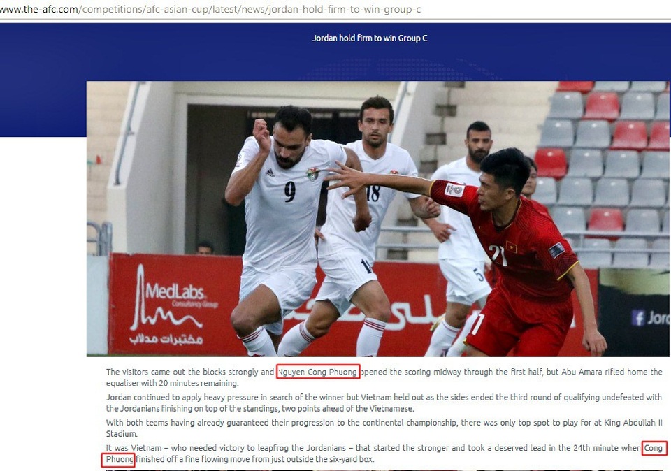 AFC nhầm lẫn khó tin về đội tuyển Việt Nam - 1
Trang chủ của AFC đưa tin... Công Phượng ghi bàn cho tuyển Việt Nam trước Jordan