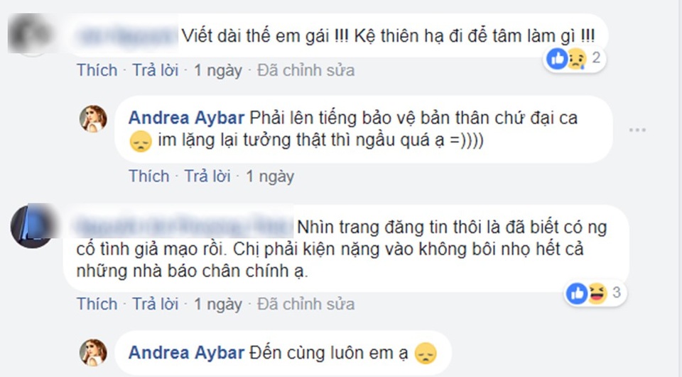 "Mẫu Tây" Andrea lên tiếng việc bị tung tin “đi khách” 12.000 USD - 3 Trả lời bạn bè trong dòng trạng thái này, người mẫu cũng cho rằng mình sẽ làm đến cùng