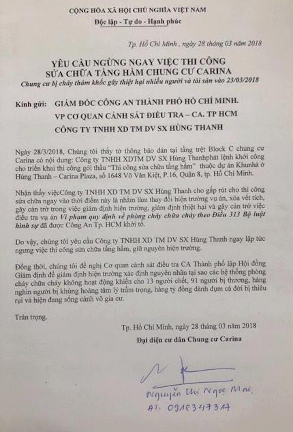 Cư dân đề nghị ngăn chặn ngay “việc xóa vết tích vụ án” tại Carina Plaza - 3 Sáng 29/3, đại diện cư dân tại chung cư Carina Plaza (P16, quận 8, TPHCM) cho biết đã có đơn tập thể gửi Giám đốc Công an TPHCM và Công ty TNHH XD SX Hùng Thanh (chủ đầu tư chung cư Carina Plaza) để yêu cầu dừng ngay việc thi công