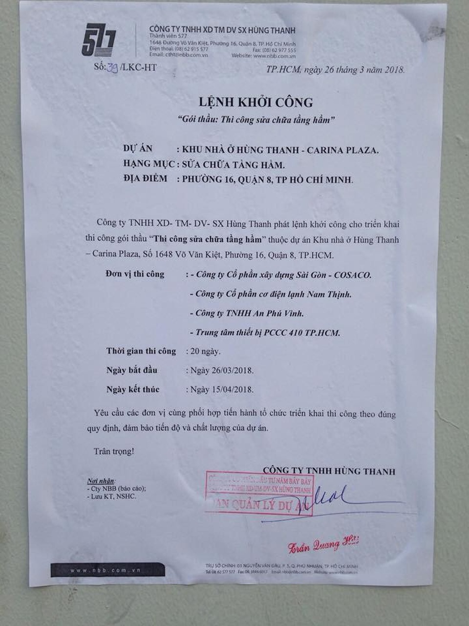 Cư dân đề nghị ngăn chặn ngay “việc xóa vết tích vụ án” tại Carina Plaza - 2 Gói thầu “Thi công sửa chữa tầng hầm” thuộc dự án Khu nhà ở Hùng Thanh – Carina Plaza. Thời gian thi công 20 ngày.