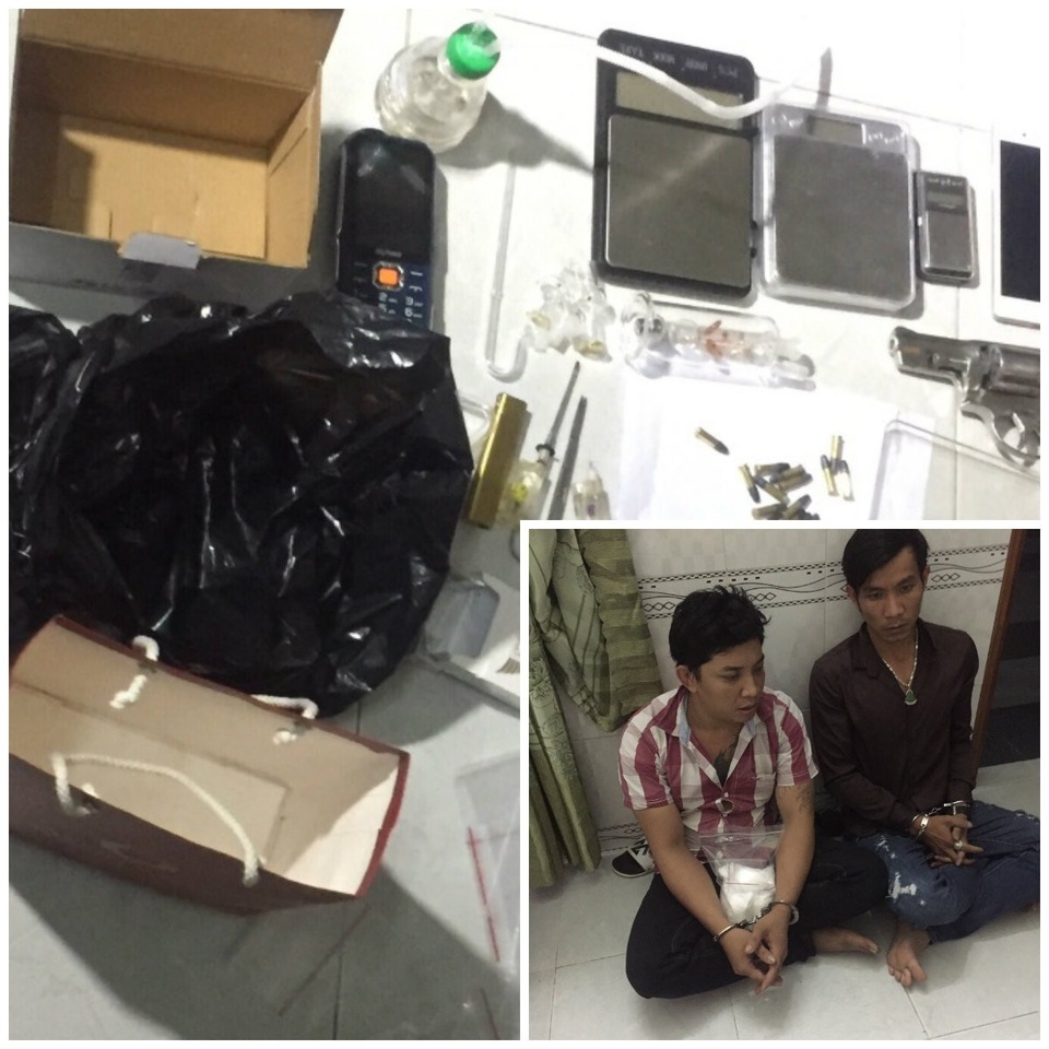 
Đối tượng Nguyễn Văn Toàn và Trần Nhựt Đông cùng số tang vật khi bị bắt giữ.
