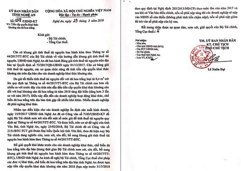 Ngày 29/3/2018, ông Lê Xuân Đại - Phó Chủ tịch UBND tỉnh Nghệ An có Công văn số 1878/UBND -KT về tiền cấp quyền khai thác khoáng sản đá hoa trắng gửi Bộ Tài chính, Tổng Cục thuế về việc xin được tạm nộp tiền cấp quyền khai thác khoáng sản như năm 2017.