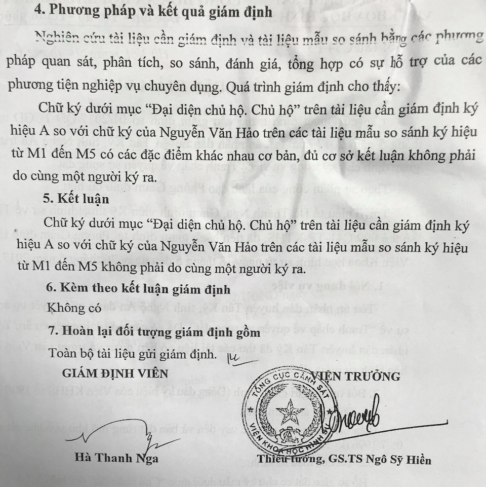 Giả mạo chữ ký chiếm đất rừng người khác! - 9 Bản kết luận khẳng định chữ ký trên biên bản mua bán trên là không phải của ông Hảo. Như vậy biên bản này đã được người khác làm giả.