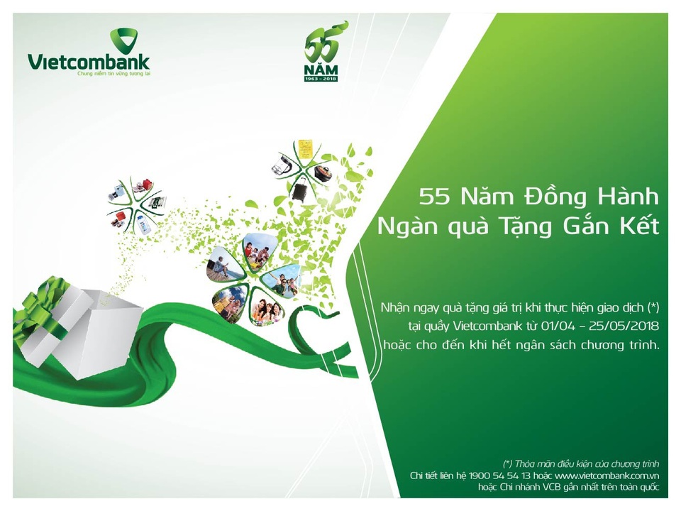 Vietcombank kỉ niệm 55 ngày thành lập: Nhiều ưu đãi hấp dẫn trong “55 năm đồng hành – ngàn quà tặng gắn kết” - 1 Vietcombank kỉ niệm 55 ngày thành lập: Nhiều ưu đãi hấp dẫn trong “55 năm đồng hành – ngàn quà tặng gắn kết” - 1