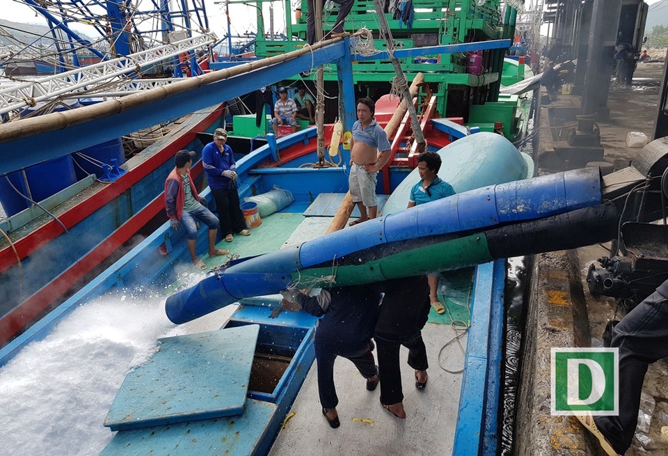 Cá ngừ đại dương đang “rộ”, ngư dân hối hả vươn Trường Sa mở biển - 8 Tại bến cảng Hòn Rớ, hàng chục tàu cá nối đuôi nhau cập cảng lấy đá lạnh, nhiên liệu