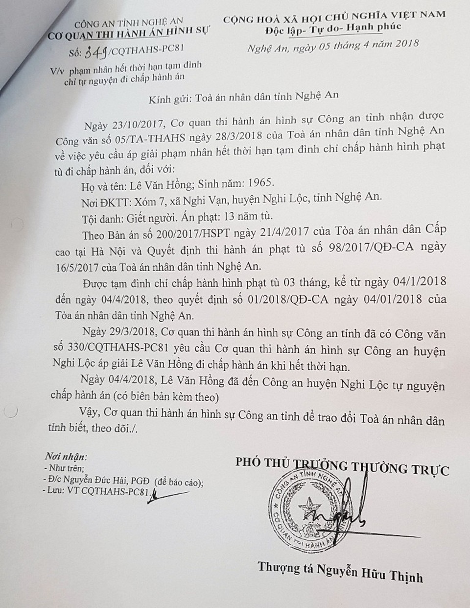 Ngày 5/4/2018, CA tỉnh Nghệ An có quyết định về việc phạm nhân hết thời hạn tạm đình chỉ tự nguyện đi chấp hành án.