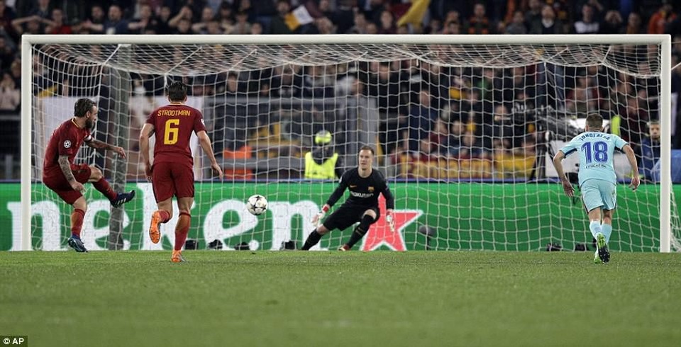 Thua AS Roma 0-3, Barcelona cay đắng chia tay Champions League - 3
De Rossi nâng tỷ số lên 2-0 cho AS Roma sau tình huống phạt đền