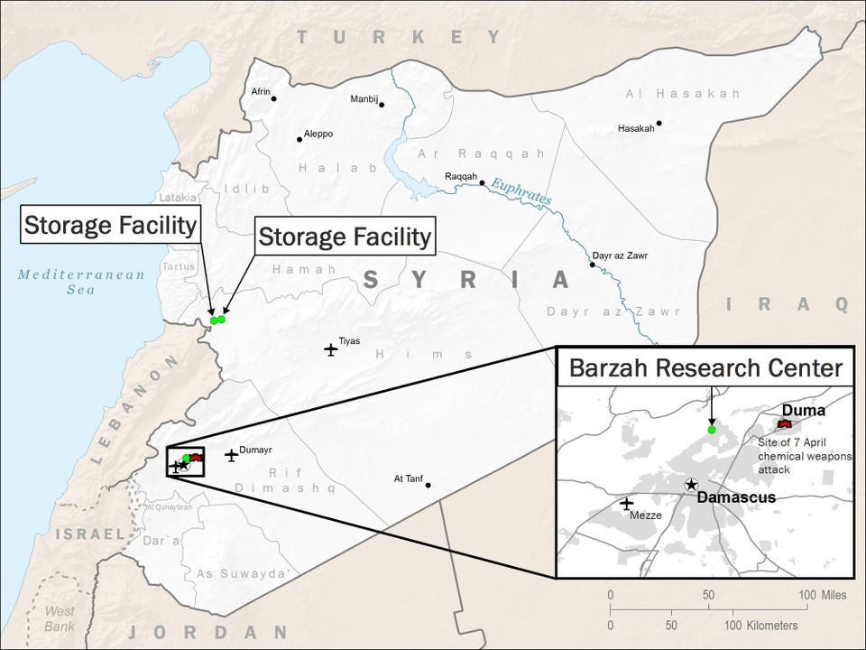 Trung tâm nghiên cứu khoa học của Syria bị đánh sập do vụ không kích - 2
Bộ Quốc phòng Mỹ cho biết 3 mục tiêu đã bị không kích trong đợt tấn công sáng nay, trong đó có Trung tâm nghiên cứu Barzah ở phía bắc thủ đô Damascus. Mỹ cáo buộc 3 mục tiêu này có chứa các vũ khí hóa học của chính quyền Syria. (Đồ họa: Bộ Quốc phòng Mỹ)