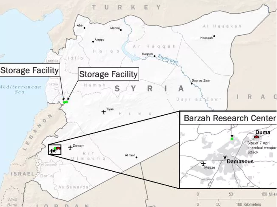 Vì sao Nga không đáp trả cuộc tấn công của Mỹ và đồng minh tại Syria? - 2 Vị trí 3 mục tiêu bị tấn công tại Syria hôm 14/4 (Ảnh: News.com.au)
