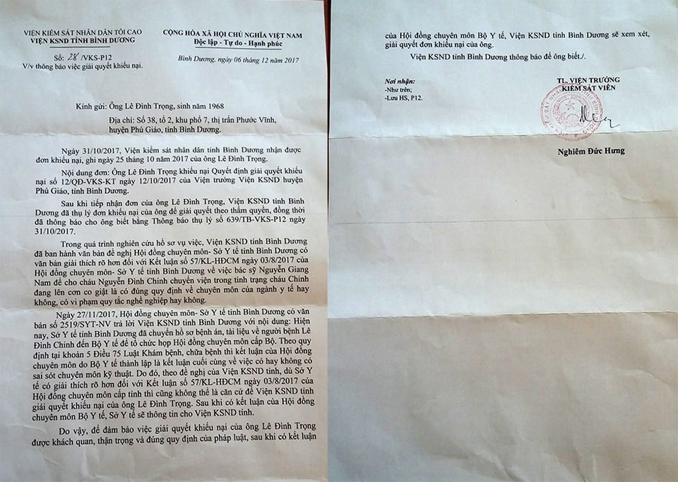 Viện KSND tỉnh Bình Dương thông báo thụ lý đơn khiếu nại ông Trọng, tuy nhiên cơ quan này đang chờ kết luận của Hội đồng chuyên môn - Bộ Y tế để giải quyết vụ việc.