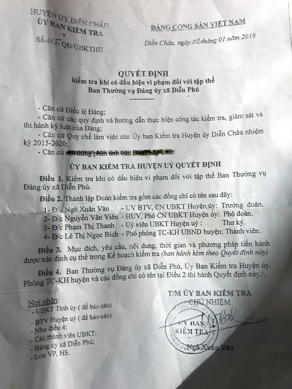 Vụ dân “tố” xã thiếu minh bạch trong thu chi tài chính: Ban thường vụ Đảng ủy xã có dấu hiệu vi phạm? - 3 Ngày 2/1/2018, đã có Quyết định số 115-QĐ/UBKTHU về việc thành lập Đoàn kiểm tra khi có dấu hiệu vi phạm đối với tập thể Ban Thường vụ Đảng ủy xã Diễn Phú.