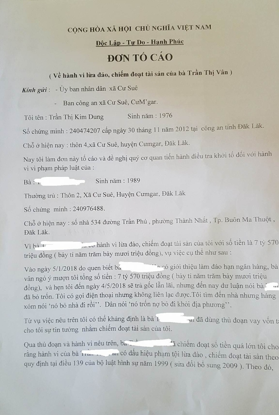 Nghi án nữ "cán bộ ngân hàng" lừa của dân hàng chục tỷ đồng - 2 Đơn tố cáo của người dân gửi cơ quan chức năng