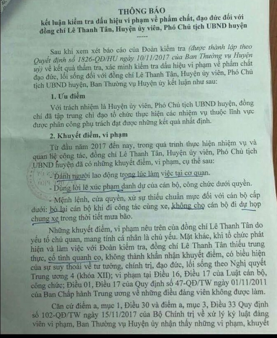 Phó Chủ tịch huyện bị tố tát nhân viên nói gì? - 1 Ông Lê Thanh Tân cho rằng mình không có khuyết điểm, vi phạm như kết luận của Huyện ủy Đức Phổ
