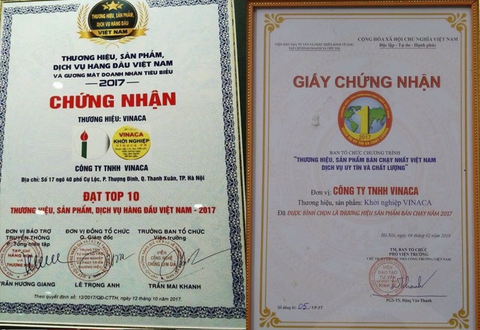 Chân dung giám đốc Cty Vinaca bán hàng rởm - 9
Sau khi cơ quan chức năng Hải Phòng phát hiện sản phẩm Vinaca ung thư được làm từ than tre, dư luận càng bất ngờ khi Cty này được công nhận Top 10 thương hiệu hàng đầu Việt Nam và được vinh danh tại chương trình “Thương hiệu, sản phẩm bán chạy nhất Việt Nam, dịch vụ uy tín và chất lượng”. Từ các danh hiệu này, hàng nghìn người đã mắc bẫy, bỏ tiền tham gia vào hệ thống của Cty này.