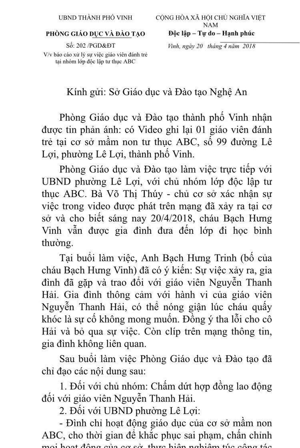 Gia đình đồng ý tha lỗi cho cô giáo đánh trẻ tại lớp học - 3 Báo cáo của Phòng GD&ĐT TP Vinh liên quan đến sự việc.