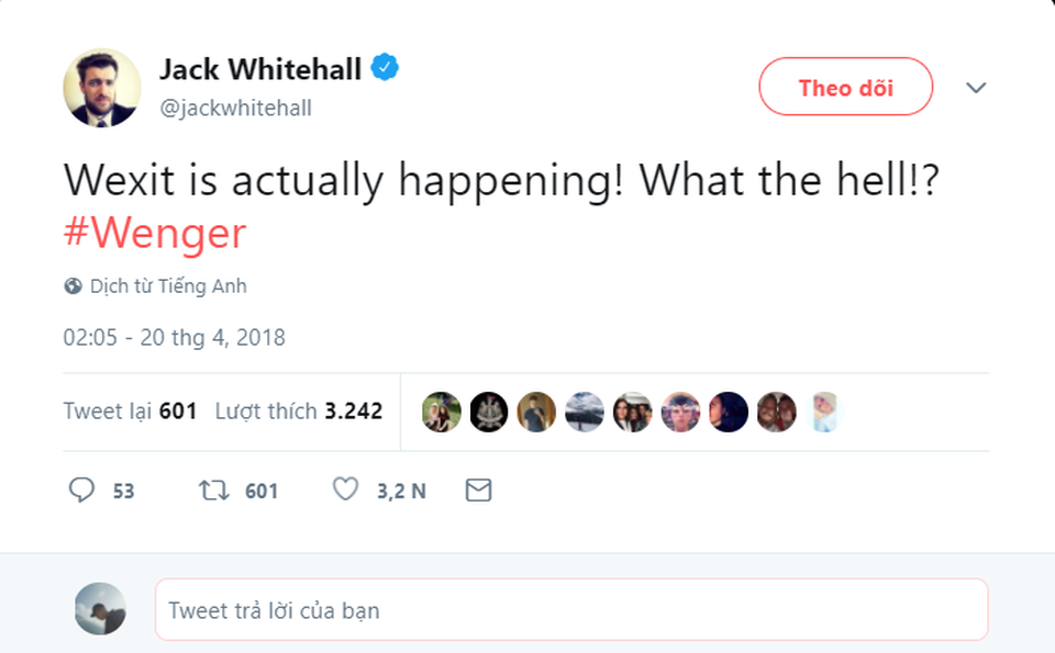 HLV Wenger nhận nhiều lời chia sẻ nồng ấm khi quyết định rời Arsenal - 9
Wenger nghỉ việc đã xảy ra mất rồi. Chuyện quái quỷ gì thế này - Diễn viên Jack Whitehall tỏ ra bất ngờ khi Wenger quyết định ra đi