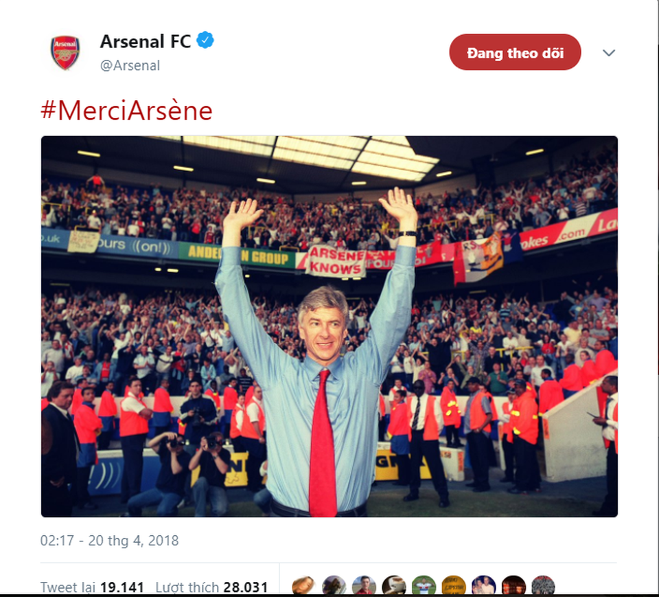 HLV Wenger nhận nhiều lời chia sẻ nồng ấm khi quyết định rời Arsenal - 1
CLB Arsenal chỉ đưa ra thông báo gọn nhẹ Cảm ơn Arsene trước thông tin về việc Wenger quyết định rời Arsenal sau mùa Hè năm nay
