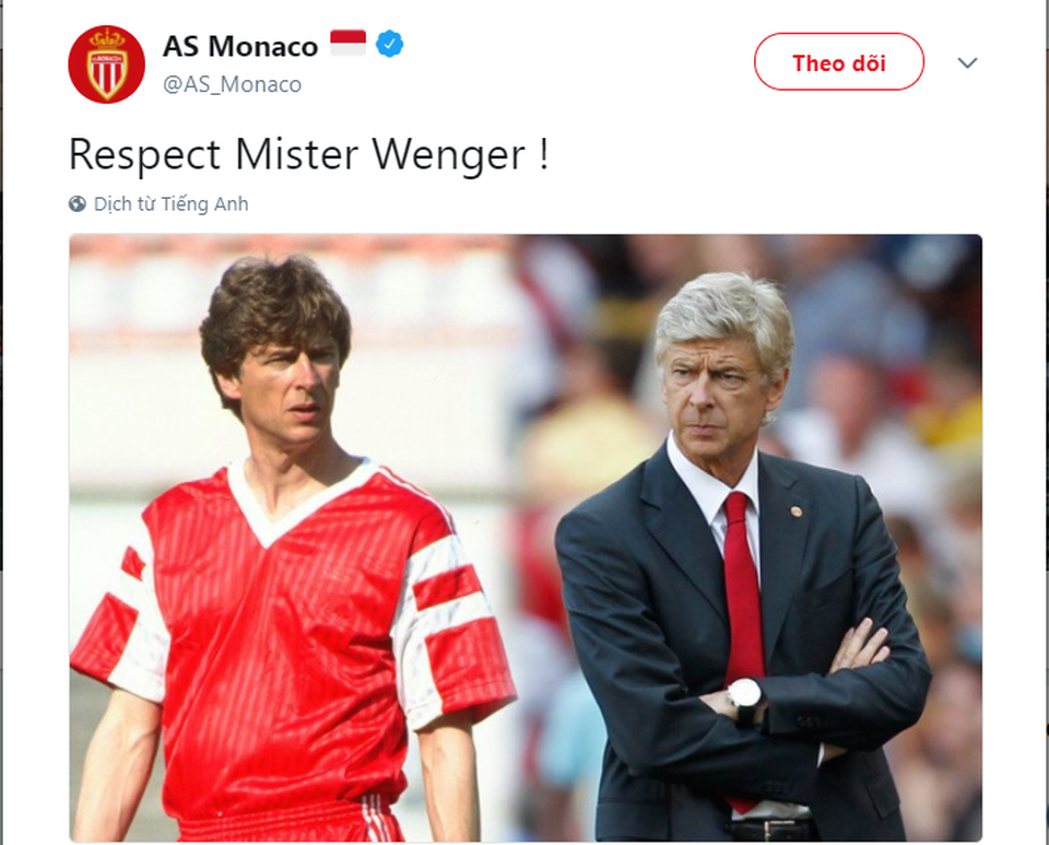 HLV Wenger nhận nhiều lời chia sẻ nồng ấm khi quyết định rời Arsenal - 2
Kính trọng ngài Wenger - CLB cũ Monaco thể hiện sự tôn trọng dành cho vị cựu huấn luyện viên của họ khi biết Wenger sẽ rời Arsenal