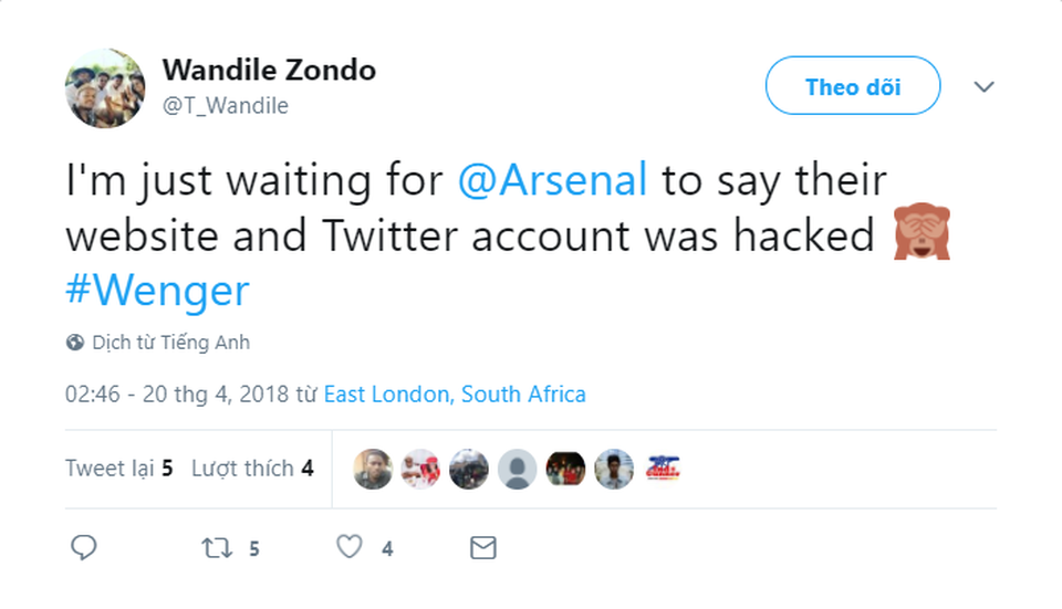 HLV Wenger nhận nhiều lời chia sẻ nồng ấm khi quyết định rời Arsenal - 4
Tôi đang chờ để CLB Arsenal nói rằng Website và Twitter đội bóng này bị hack