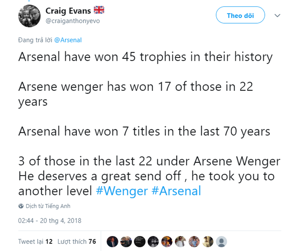 HLV Wenger nhận nhiều lời chia sẻ nồng ấm khi quyết định rời Arsenal - 5
Arsenal đã giành được 45 danh hiệu vô địch, Wenger giành được 17 danh hiệu trong 22 năm. Arenal vô địch bảy lần (hạng Nhất/ngoại hạng Anh) trong 70 năm qua, 3 lần trong giai đoạn 22 năm của Wenger. Ông ấy xứng đáng với một lễ tiễn biệt đẹp đẽ, ông ấy đã đưa đội bóng lên một đẳng cấp khác