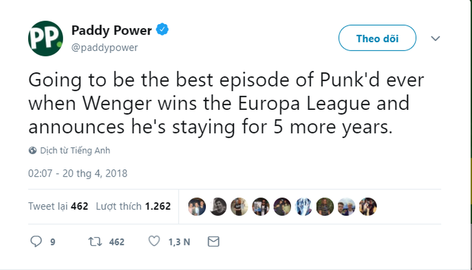 HLV Wenger nhận nhiều lời chia sẻ nồng ấm khi quyết định rời Arsenal - 11
Sẽ là tập phim hay nhất trong loạt phim Chơi khăm khi Wenger giành chiến thắng ở Europa League và thông báo ông ấy sẽ tiếp tục gắn bó thêm 5 năm nữa. Nhà cái Paddy Power đưa ra một viễn cảnh như trong phim