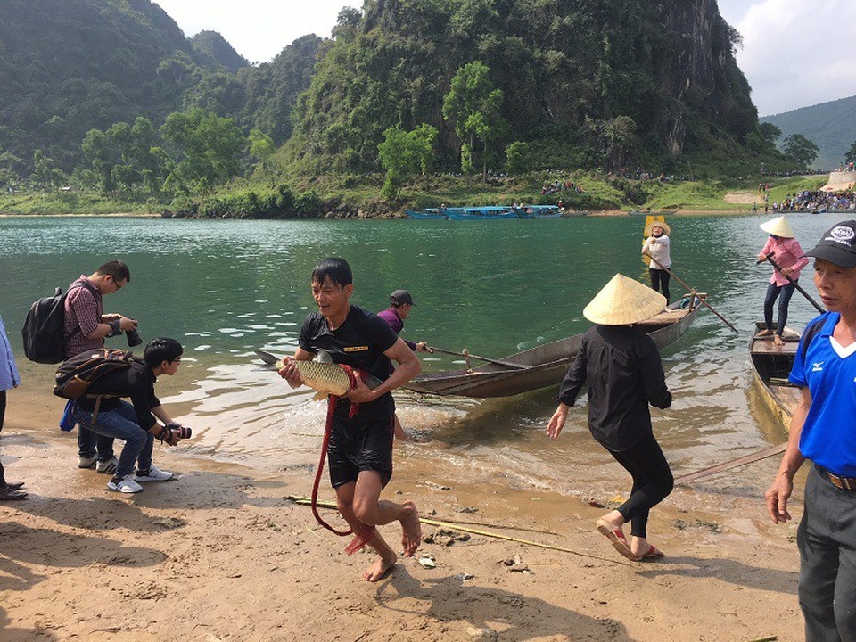 Cuộc thi bắt cá trắm diễn ra hết sức hấp dẫn, đây là phần thi với sự tham gia của 6 thôn thuộc địa bàn xã Sơn Trạch, các thôn được biết đến với nghề nuôi cá trắm trên sông Son