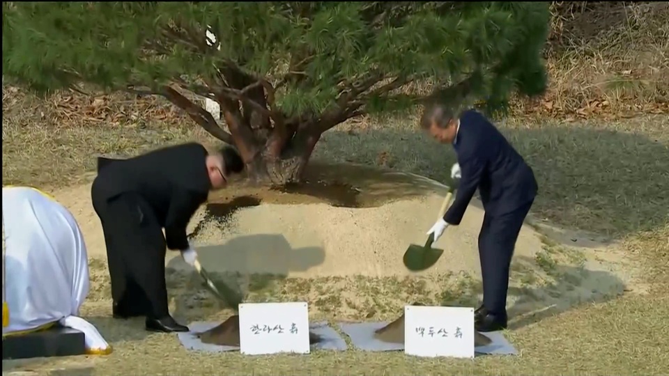 Lãnh đạo Triều Tiên trồng cây cùng Tổng thống Hàn Quốc - 4 Ông Kim Jong-un lấy đất từ núi Halla ở Hàn Quốc còn ông Moon Jae-in lấy đất từ núi Baekdu ở Triều Tiên để trồng cây thông.