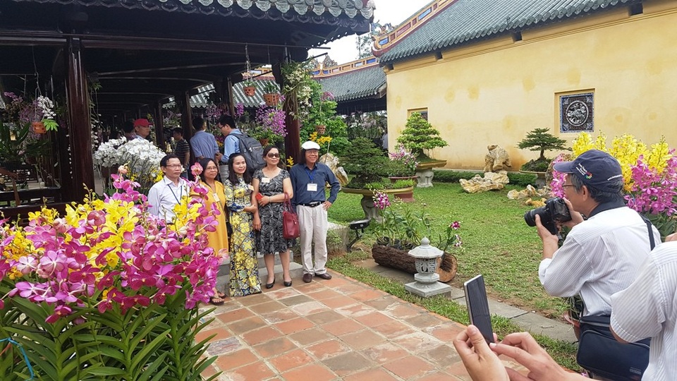 Hơn 1.000 cây kiểng, phong lan tỏa hương sắc tại Hoàng cung Huế - 12 Một gia đình thích thú chụp ảnh lưu niệm cùng phong lan
