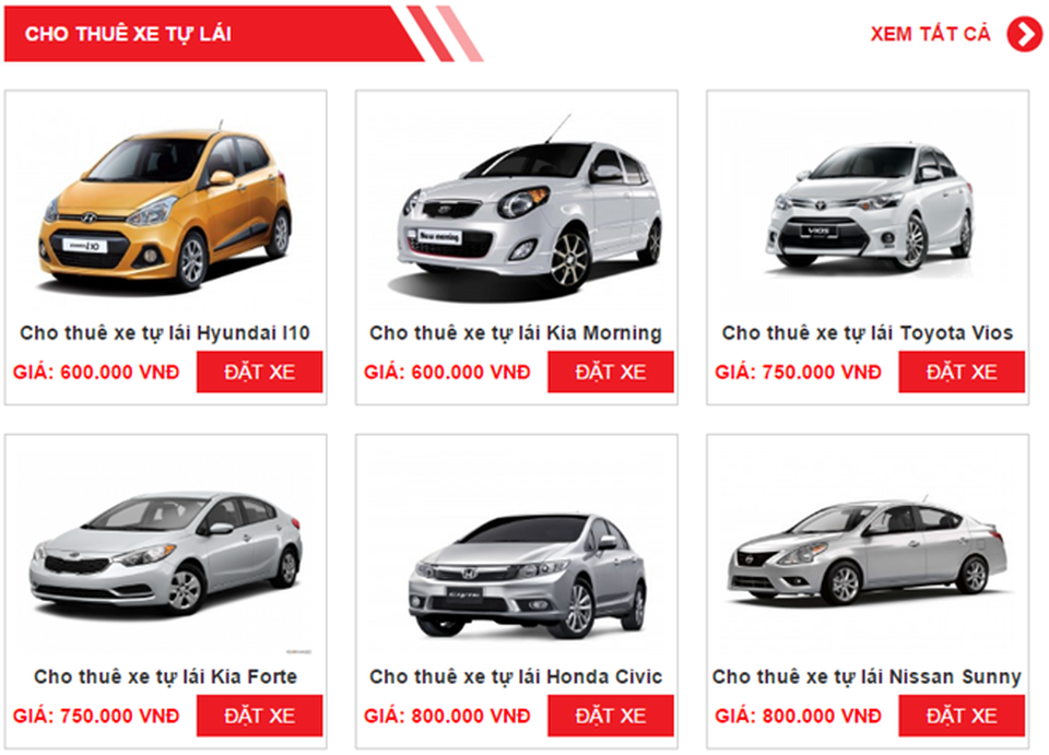 Thị trường cho thuê xe tự lái hút khách dịp 30/4 - 2
Bảng giá cho thuê xe tự lái của một công ty trên website.