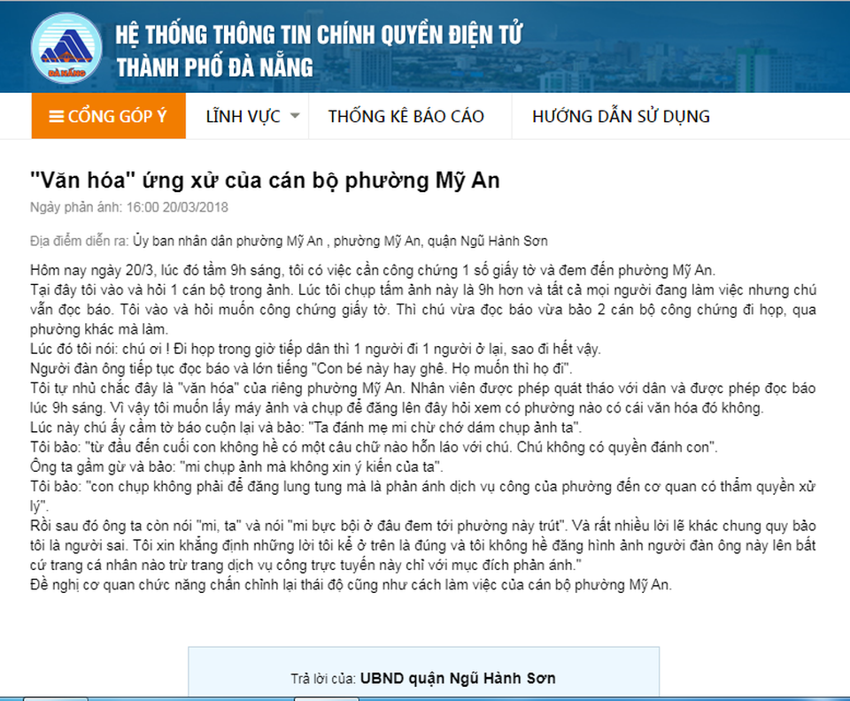 Đà Nẵng: Xin lỗi công dân bị cán bộ phường dọa đánh - 1 Phản ánh của người dân đăng trên Cổng góp ý