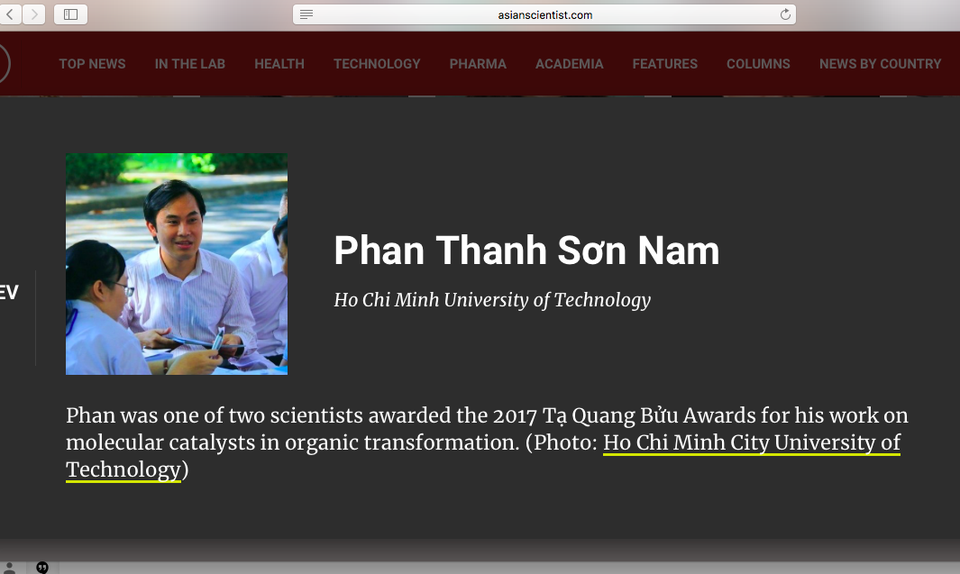 Hai tiến sĩ Việt lọt tốp 100 nhà khoa học hàng đầu châu Á 2018 - 1 Thông tin về GS.TS Phan Thanh Sơn Nam trên tạp chí Asian Scientist