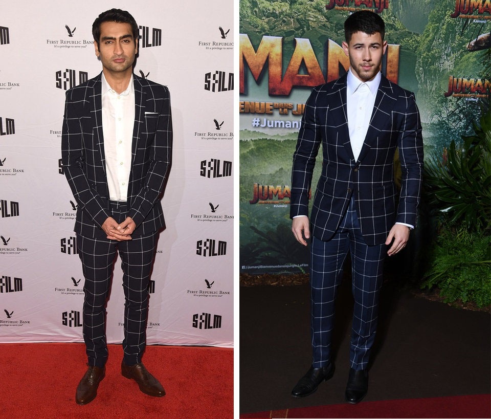 Khi các sao lớn cũng “đụng hàng… chan chát” - 5 Nam diễn viên hài Kumail Nanjiani (trái) và nam ca sĩ Nick Jonas (phải) cùng mặc một mẫu “suit” đi dự sự kiện trong cùng một ngày. Trong khi Nanjiani dự một lễ trao giải diễn ra ở San Francisco, bang California, Mỹ trong ngày 5/12 năm ngoái, thì Jonas tham dự lễ công chiếu phim “Jumanji: Welcome to the Jungle” (Jumanji: Trò chơi kỳ ảo) ở Paris, Pháp.