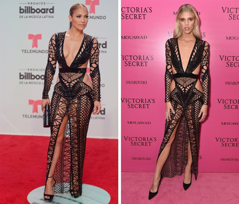 Khi các sao lớn cũng “đụng hàng… chan chát” - 7 Nữ ca sĩ Jennifer Lopez (trái) và người mẫu Devon Windsor (phải) cùng diện một mẫu váy xuyên thấu táo bạo hồi năm 2017.