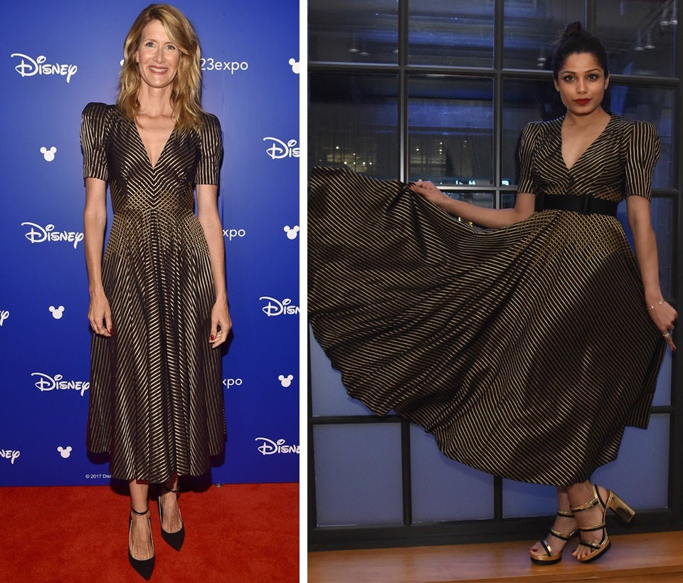 Khi các sao lớn cũng “đụng hàng… chan chát” - 10 Hai nữ diễn viên Laura Dern (trái) và Freida Pinto (phải) cùng có chung ý tưởng thời trang trong năm 2017. Chỉ có một chút khác biệt khi nữ diễn viên Freida Pinto kết hợp váy với một chiếc thắt lưng.
