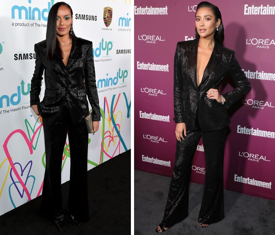 Khi các sao lớn cũng “đụng hàng… chan chát” - 11 Người mẫu Selita Ebanks (trái) và nữ diễn viên Shay Mitchell (phải) tỏa sáng với vẻ đẹp quyền lực trong thiết kế “suit” nữ lấp lánh hồi năm 2017. Có thể thấy Mitchell tự tin, táo bạo và gợi cảm hơn khi để cổ áo “trễ nải” thêm một cúc.