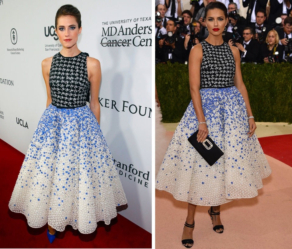 Khi các sao lớn cũng “đụng hàng… chan chát” - 18 Nữ diễn viên Allison Williams (trái) và người mẫu Adriana Lima (phải) có cùng ý tưởng thời trang và làm tóc.
